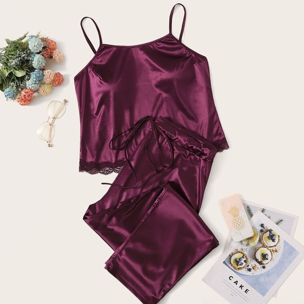 

Plus Lace Trim Satin Cami Pajama Set
