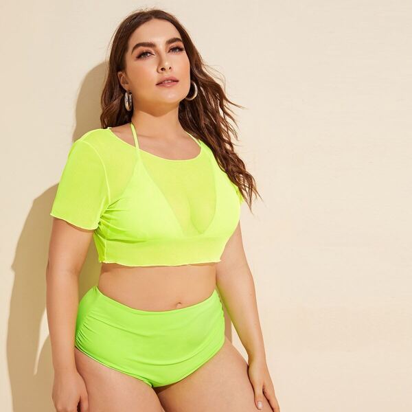 

3pack Plus Neon Lime Halter Bikini Swimsuit, Bright lime green