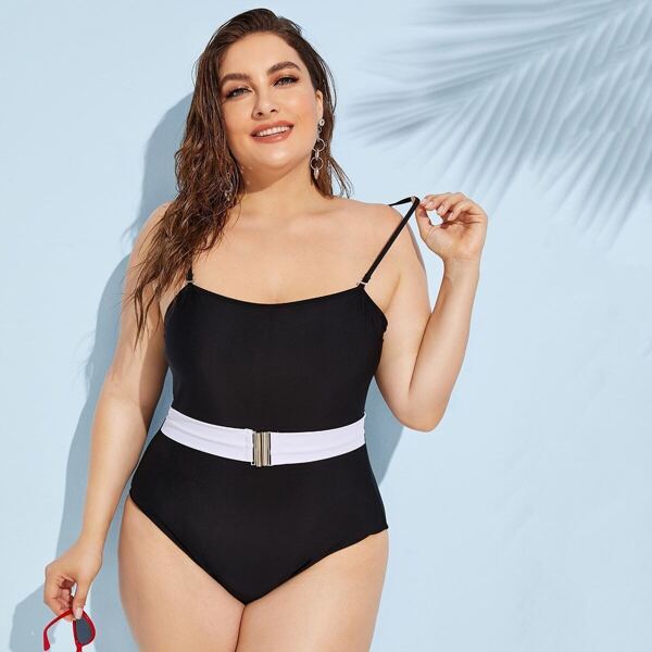 

Plus One Piece Swimwear With Belt, Black