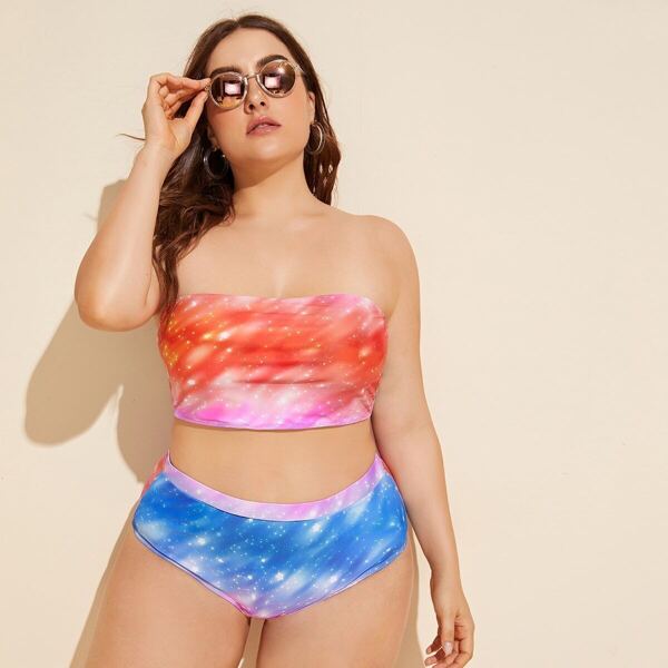 

Plus Galaxy Print Bandeau Bikini Set, Multicolor