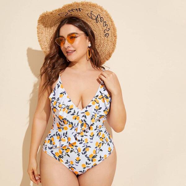 

Plus Lemon Print Ruffle Trim One Piece Swimwear, Multicolor