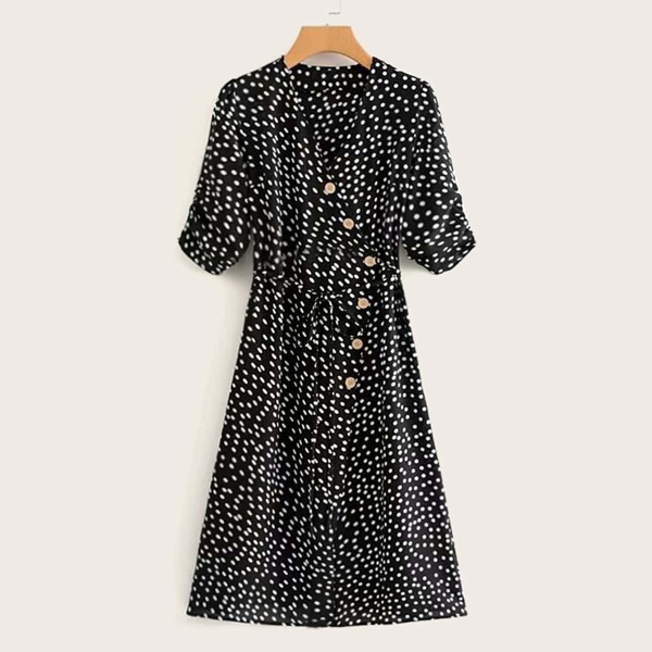 

Polka Dot Print Surplice Button Tie Front Dress