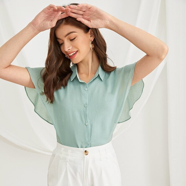 

Solid Butterfly Sleeve Placket Blouse, Green