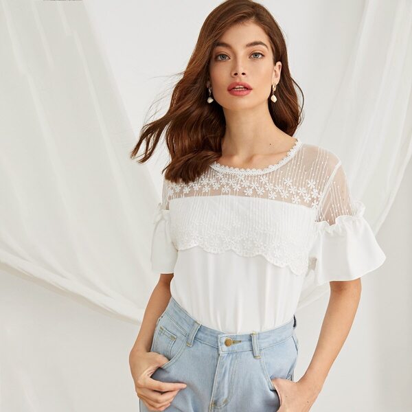 

Contrast Lace Frill Flounce Sleeve Blouse, White