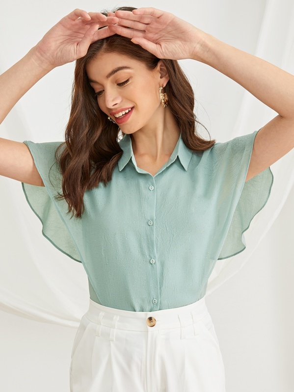 

Solid Butterfly Sleeve Placket Blouse, Green, Nadja