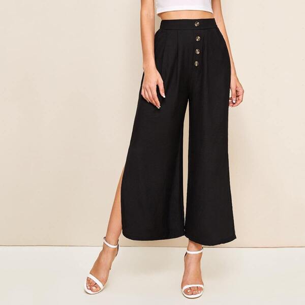 

Wide Leg Button Detail Side Split Pants