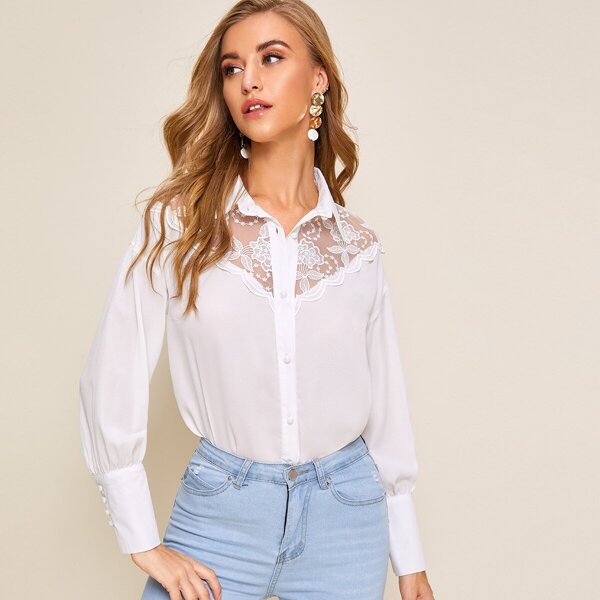 

Button Front Embroidered Mesh Insert Blouse