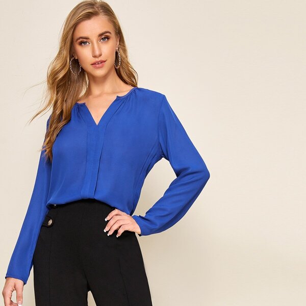 

Solid V-neck Long Sleeve Blouse, Royal blue