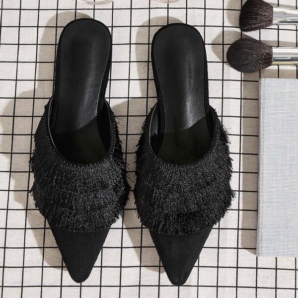 

Point Toe Fringe Trim Flat Mules