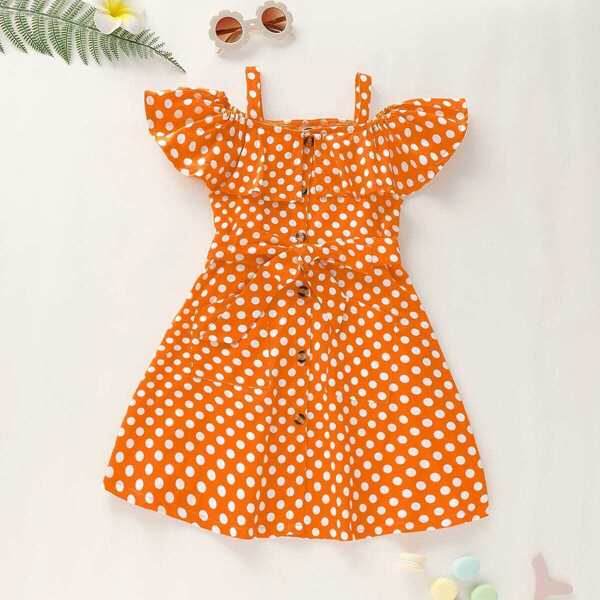 

Toddler Girls Polka Dot Ruffle Trim Button Front Belted Dress, Orange bright