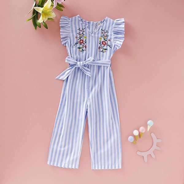 

Toddler Girls Notched Neck Floral Embroidery Belted Vertical-striped Jumpsuit