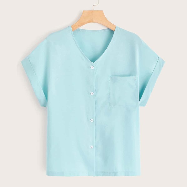 

Roll Up Sleeve Button Front Pocket Blouse