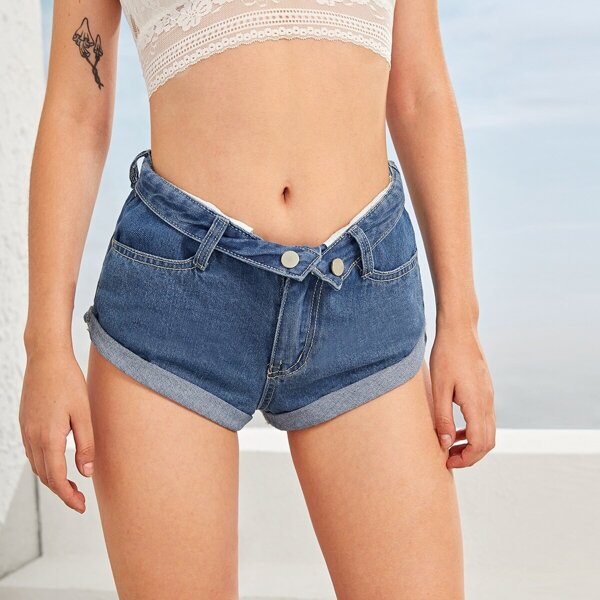 

Double Pocket Roll Up Hem Denim Shorts, Blue
