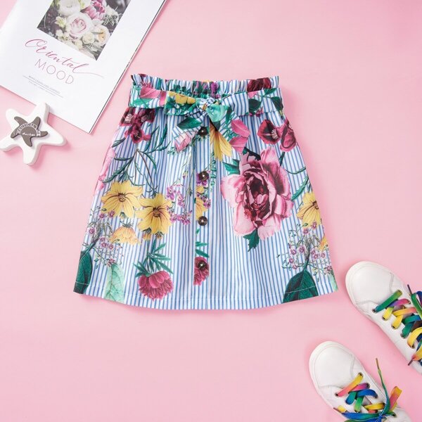 

Toddler Girls Floral And Striped Belted Paperbag Skirt