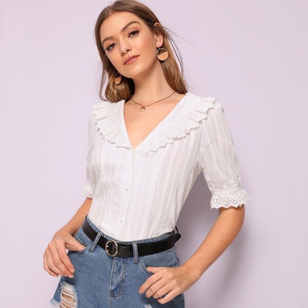 

Eyelet Embroidered Ruffle Trim Shirt, White