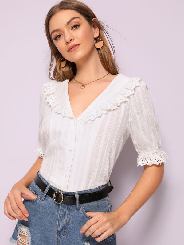 

Eyelet Embroidered Ruffle Trim Shirt, White, Luiza
