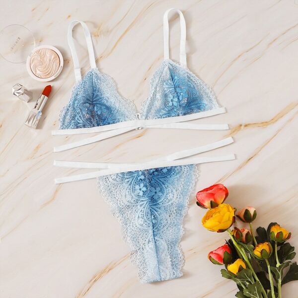 

Floral Lace Lingerie Set, Blue