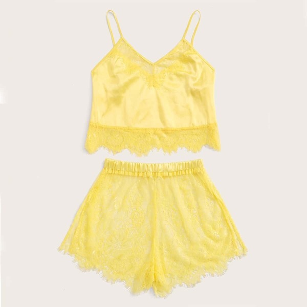 

Eyelash Lace Satin Cami With Sheer Shorts
