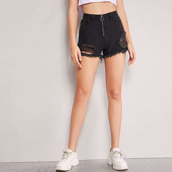 

Raw Hem O-ring Zip Front Ripped Denim Shorts