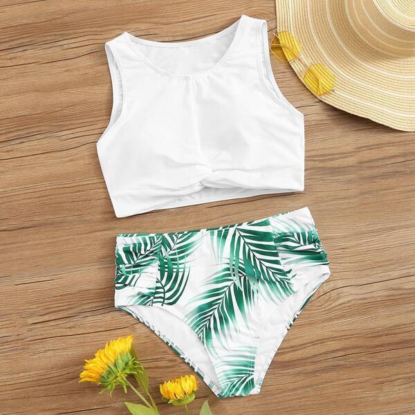 

Twist Hem Top With Random Leaf Print Bikini Set