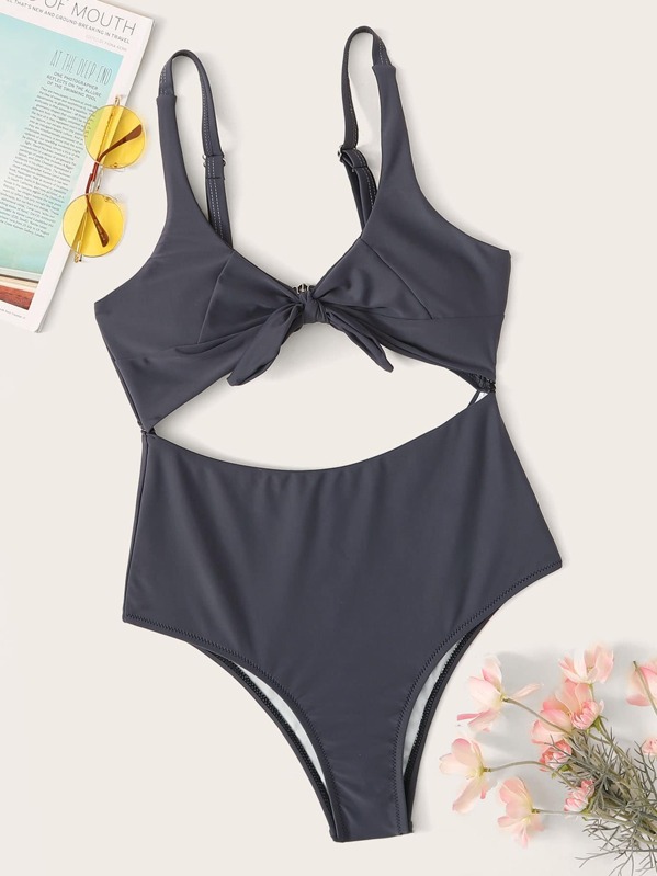 

Tie Front Cutout Monokini, Grey