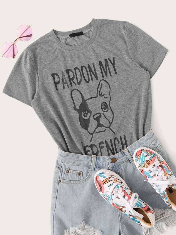 

Dog & Slogan Print Tee, Grey
