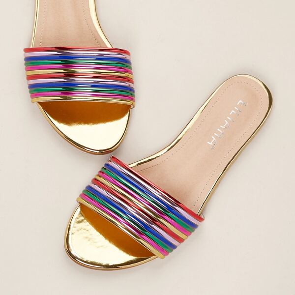 

Rainbow Metallic Band Flat Slide Sandals, Multicolor
