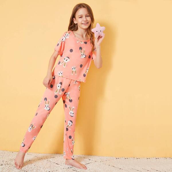 

Girls Rabbit Print Polka Dot PJ Set With Eye Mask, Pink