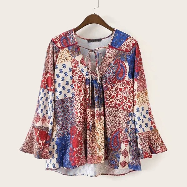 

Tribal Print Tie Front Flounce Sleeve Blouse