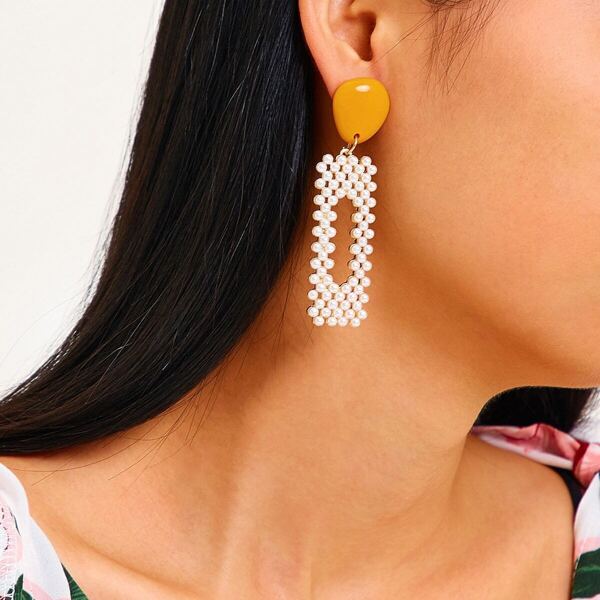 

Faux Pearl Design Open Rectangle Drop Earrings 1pair