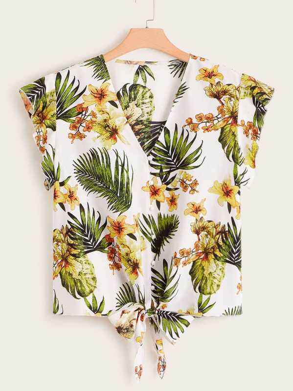 

Plus Floral Print Knot Hem Blouse, Multicolor