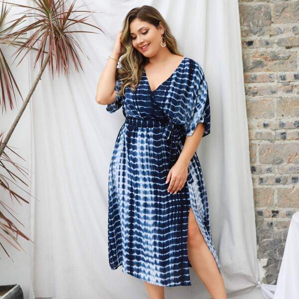 

Plus Tie Dye Belted Split Side Dress, Navy