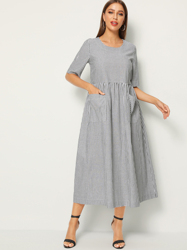 

Dual Pocket Ruffle Hem Stripe Dress, Multicolor, Hanna