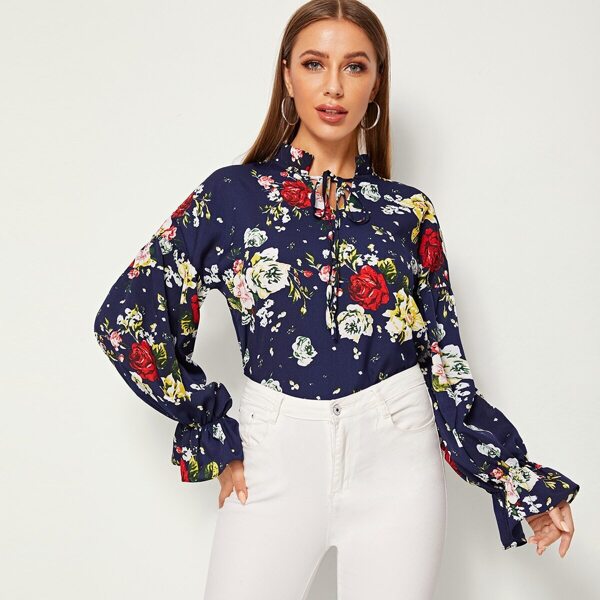 

Tie Neck Ruffle Sleeve Floral Blouse