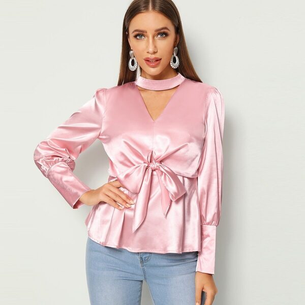 

Knot Front Ruffle Hem Choker Neck Blouse, Pink