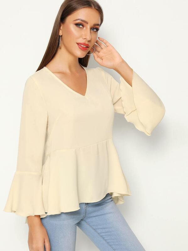 

Flounce Sleeve Ruffle Hem Blouse, Beige, Hanna