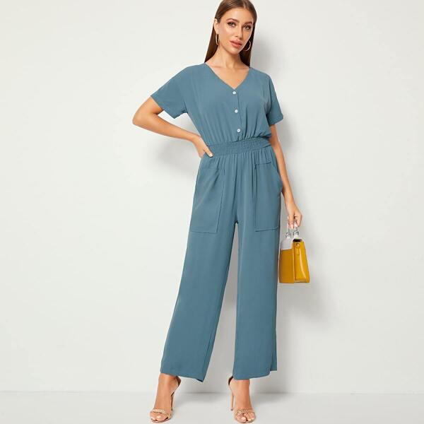 

Button Front Solid Wide Leg Jumpsuit