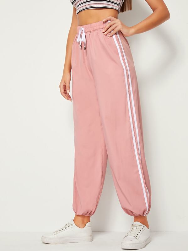 

Stripe Side Drawstring Waist Pants, Pink, Hanna