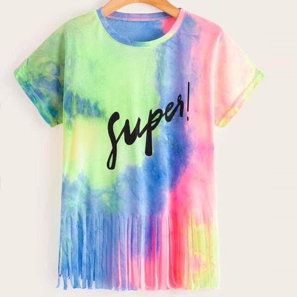 

Plus Tie Dye Letter Graphic Fringe Hem Tee, Multicolor