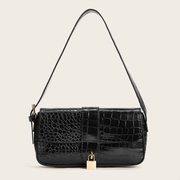

Lock Decor Croc Embossed Baguette Bag, Black