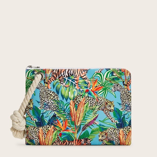 

Tiger & Leopard Print Pouch With Rope Wristlet