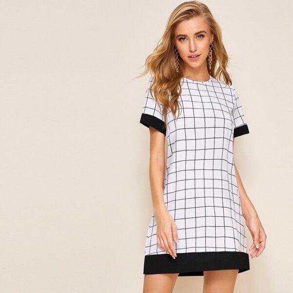 

Contrast Binding Grid Plaid Tunic Dress