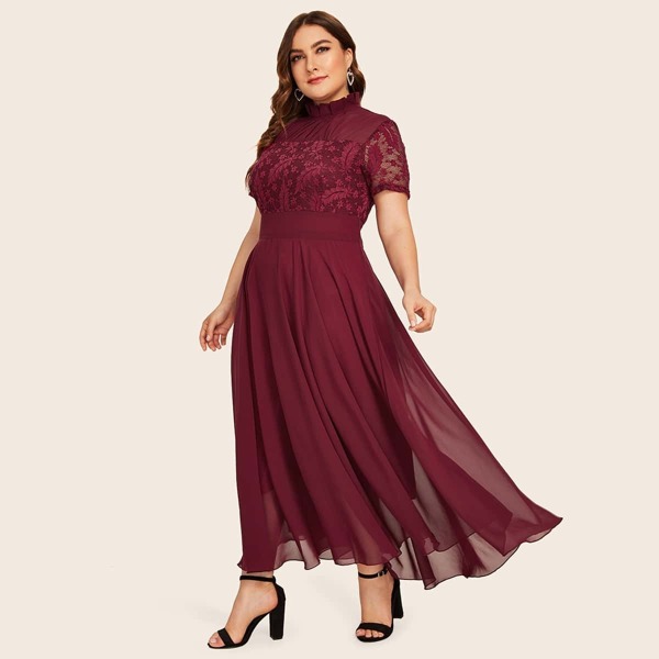 

Plus Lace Panel Ruffle Neck Maxi Dress, Burgundy