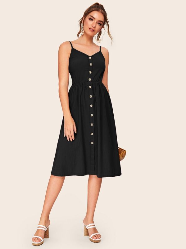

Button Front Shirred Cami Dress, Black, Luiza