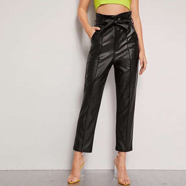 

Paperbag High Waist Belted PU Pants