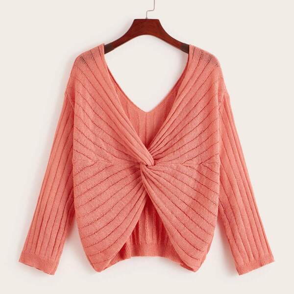 

Twist Front Rib-knit Jumper, Pink