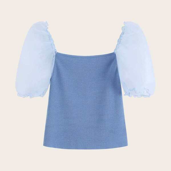 

Mesh Panel Puff Sleeve Knit Top