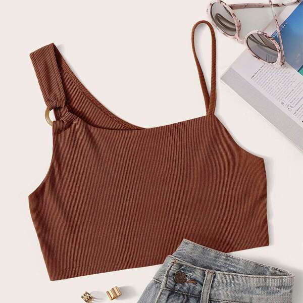 

O-ring Rib Knit Cami Top, Brown