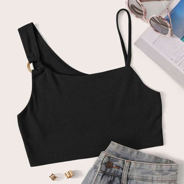 

O-ring Rib Knit Cami Top, Black