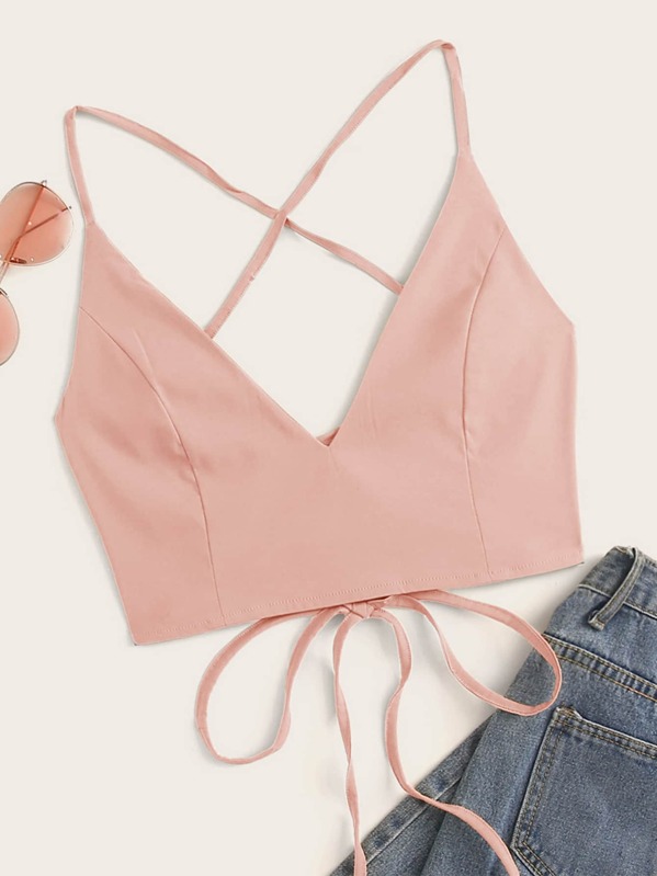 

Solid Lace Up Tie Back Top, Pink